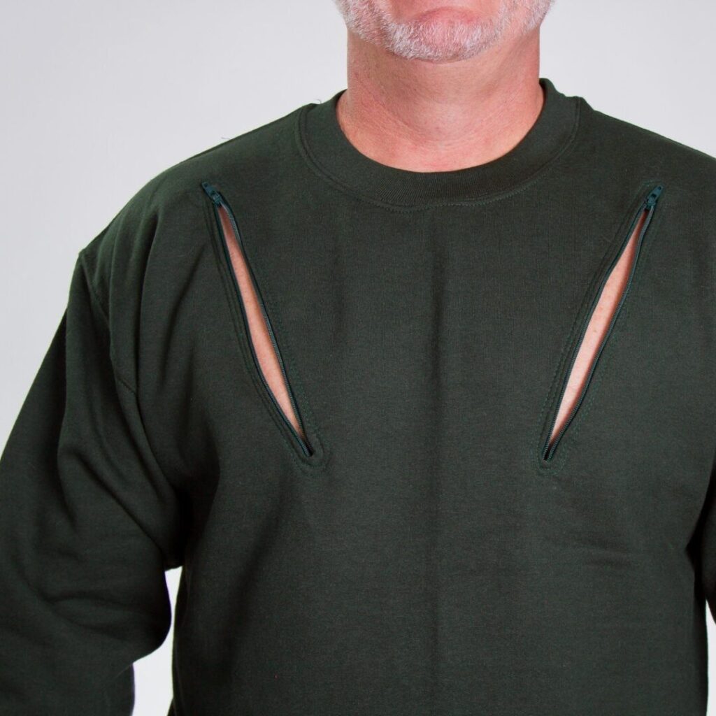 Close-up of the discreet zipper access on Hemowear adaptive apparel for medical needs.