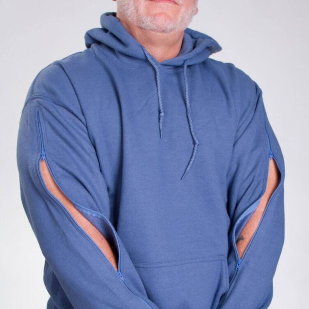 zipper arm access on Hemowear adaptive clothing