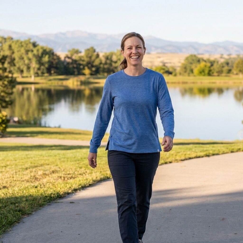 woman walking comfortably in adaptive apparel