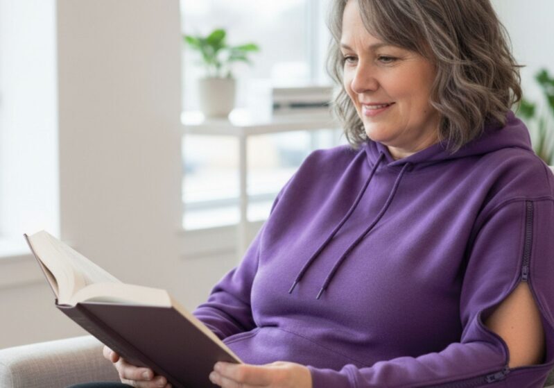 Woman reading a book in in our dual sleeve hoodie